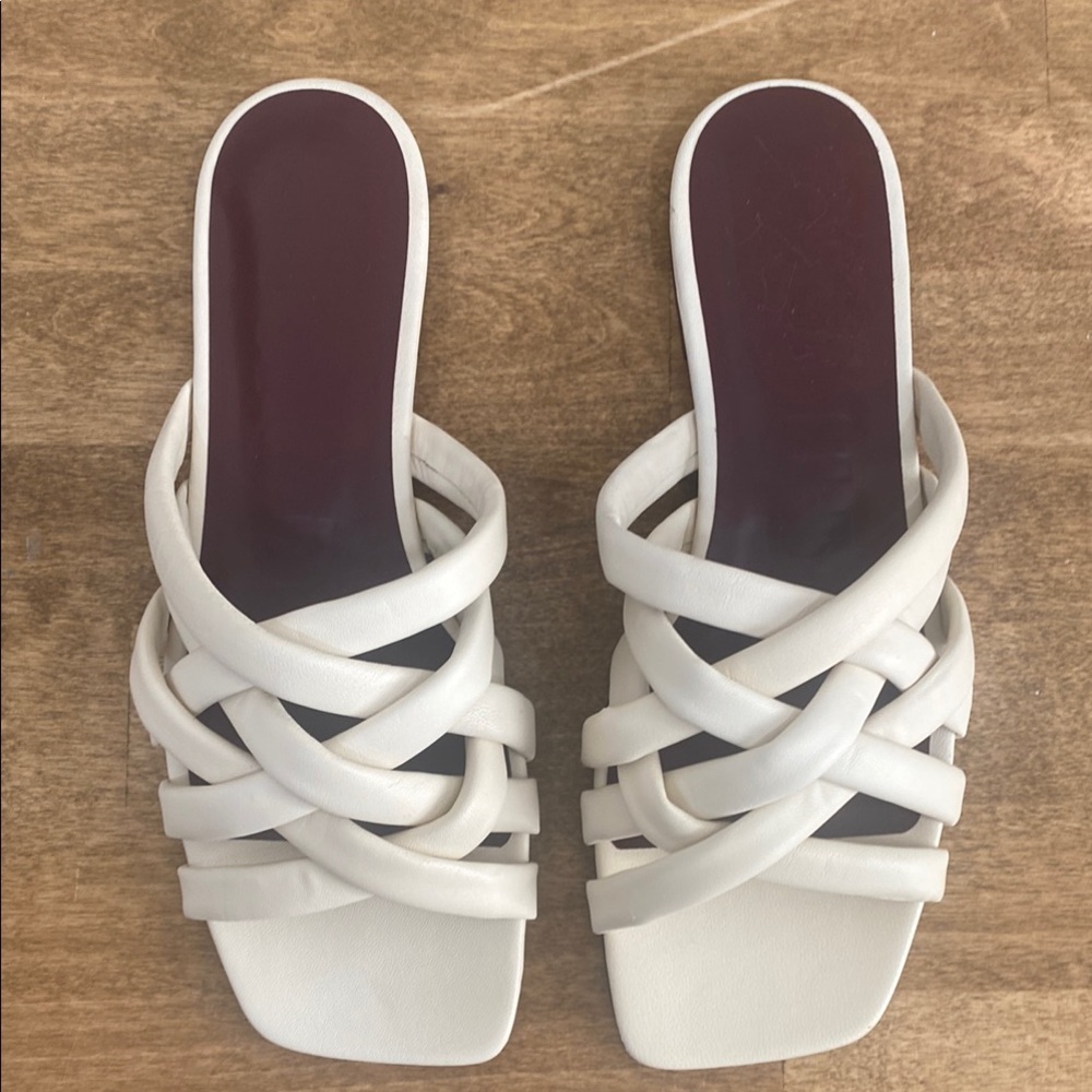 STAUD White Braided Leather Slide Sandals with Burgundy Footbed